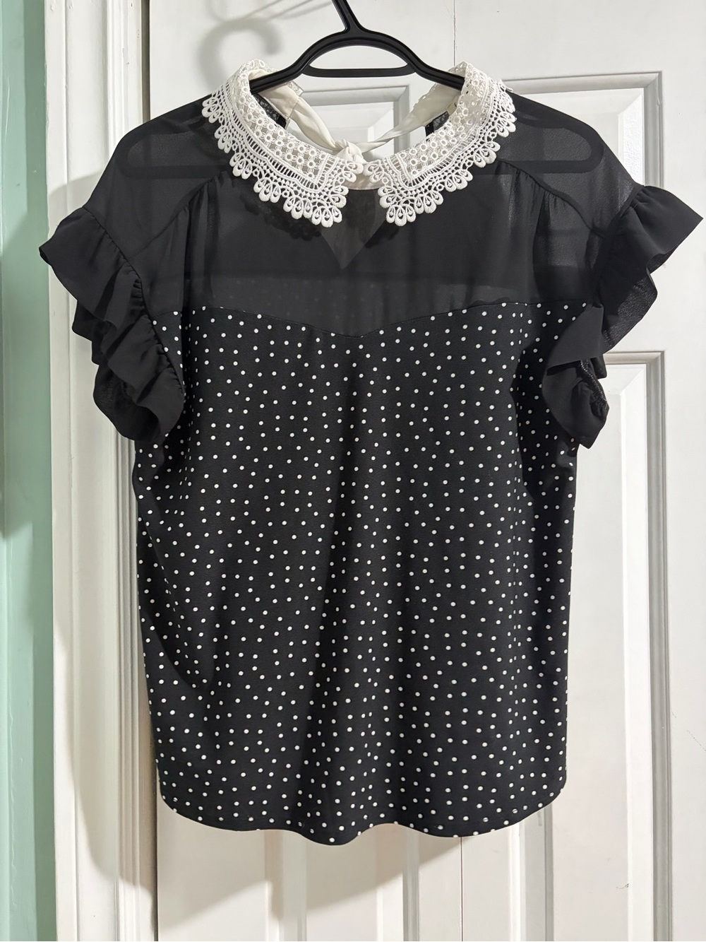 Faith and Joy Black & White Polka Dot Lace Collar Blouse